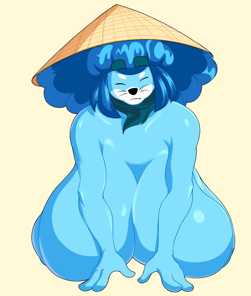 3_toes anthro asian_conical_hat big_breasts blue_body breasts clothing eyes_closed feet female hat headgear headwear huge_breasts hyper hyper_breasts scarf solo toes whiskers vanillabeangoat alexis_(vanillabeangoat) canid canine mammal hi_res