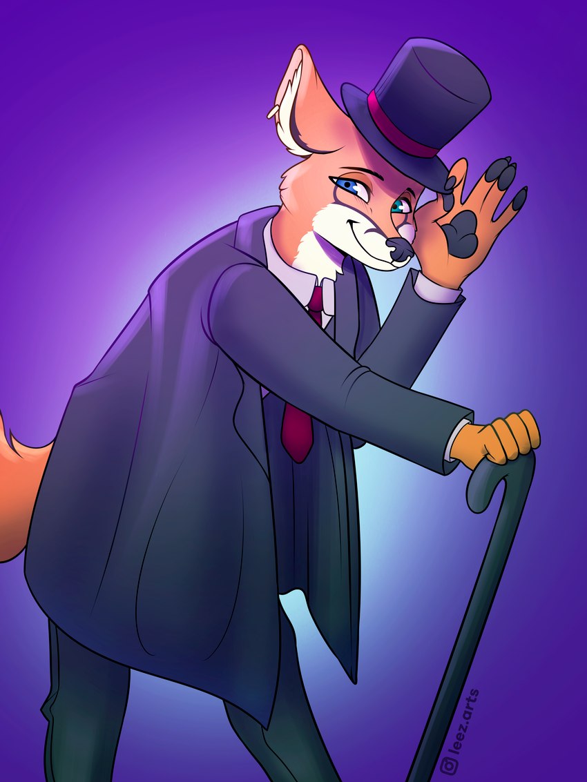 anthro black_nose black_pawpads blue_eyes bow_(feature) cane classy clothed clothing dress dress_shirt ear_piercing ear_ring fur fur_markings green_eyes hair hat headgear headwear jacket looking_at_viewer male markings necktie orange_body orange_fur pawpads paws piercing red_necktie ring_piercing shirt simple_background slacks smile solo standing suit top_hat topwear vest walking_cane white_body white_fur shij1n alexander_the_fox canid canine fox mammal 3:4 absurd_res digital_media_(artwork) hi_res signature