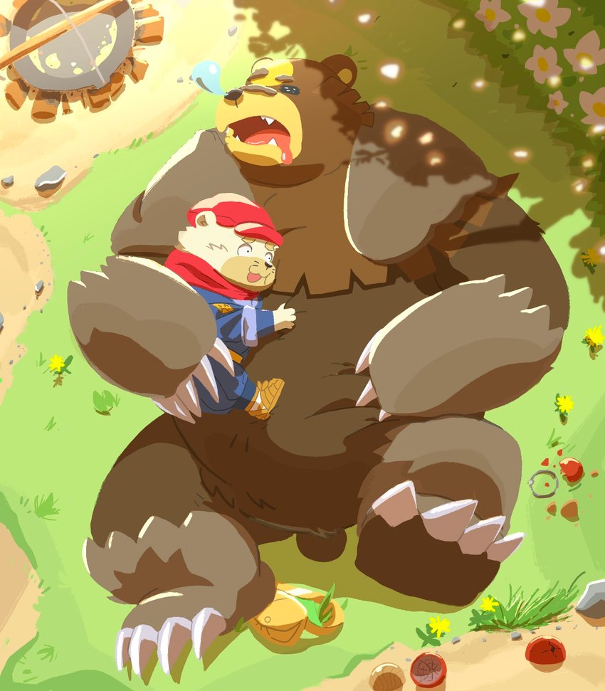 anthro belly big_belly brown_body clothed clothing cosplay detailed_background duo hat headgear headwear hug kemono lying male overweight overweight_male size_difference sleeping white_body hon55728 nintendo pokemon pokemon_legends_arceus rei_(pokemon) bear generation_8_pokemon mammal pokemon_(species) ursaluna 2022 hi_res