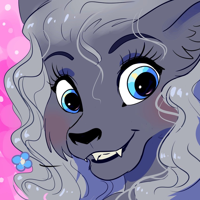 anthro black_nose blue_eyes blush cheek_tuft dark_eyebrows eyebrows eyelashes facial_tuft fangs female flower fur grey_body grey_fur grey_hair hair happy inner_ear_fluff looking_at_viewer pink_background plant simple_background smile solo teeth tuft wavy_hair black_kitty azrael_(tertia) canid canine canis mammal wolf 1:1 digital_drawing_(artwork) digital_media_(artwork) female_(lore)