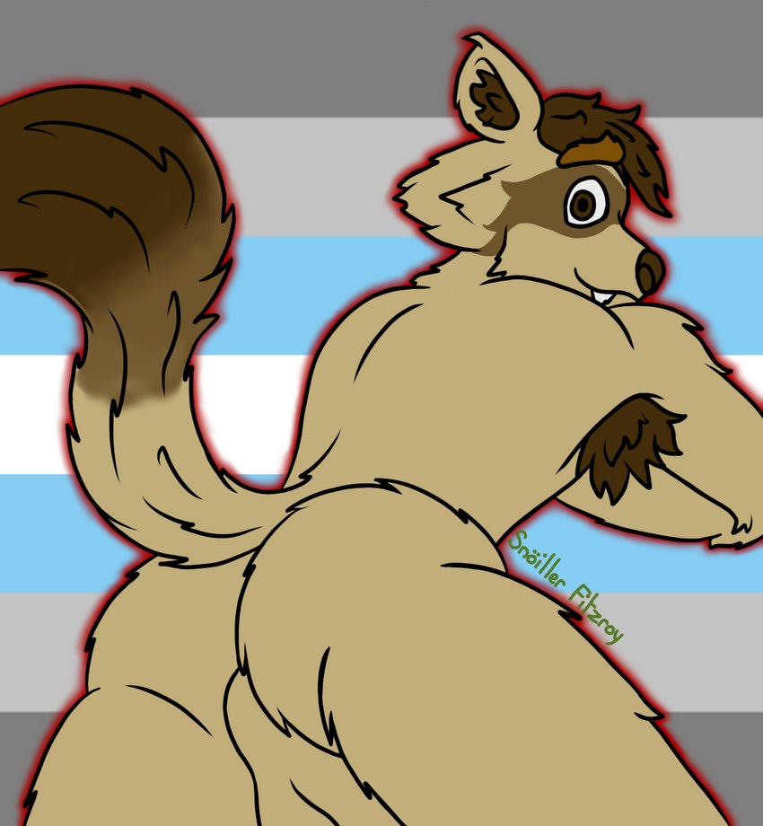 :3 anthro armpit_hair backsack balls biped body_hair brown_body brown_eyes brown_fur brown_hair brown_nose butt cute_fangs demiboy_pride_colors dipstick_tail eyebrow_through_hair eyebrows fangs fur genitals hair inner_ear_fluff leaning lgbt_pride looking_at_viewer looking_back looking_back_at_viewer male markings multicolored_tail nude perineum presenting presenting_hindquarters pride_color_background pride_colors raised_tail simple_background smile smiling_at_viewer solo tail tail_markings tan_body tan_fur teeth translucent translucent_hair tuft snoiller_fitzroy_(artist) snoiller_fitzroy domestic_ferret hybrid mammal mustelid musteline procyonid raccoon true_musteline weasel digital_drawing_(artwork) digital_media_(artwork) flat_colors hi_res