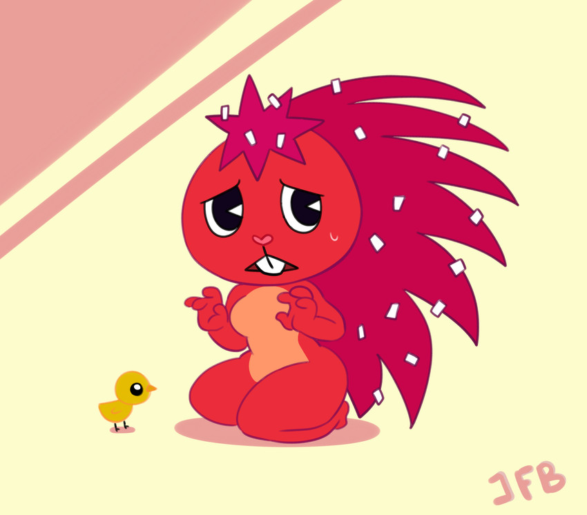 anthro biped black_eyes bodily_fluids breasts chibi featureless_breasts female female_anthro fur naturally_censored nude nude_anthro nude_female red_body red_fur shy solo j.fbelen happy_tree_friends flaky_(htf) avian bird chick chicken galliform gallus_(genus) mammal phasianid porcupine rodent hi_res