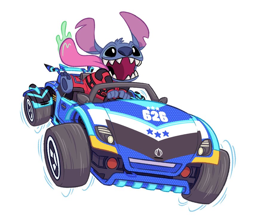 3_toes 4_fingers anthro barefoot biped black_eyes blue_body blue_fur blue_nose blue_pawpads blue_vehicle bodily_fluids clothed clothing colored_saliva driving feet fingers fur green_saliva head_tuft kart long_tongue male notched_ear open_mouth open_smile pawpads racing_suit saliva sharp_teeth simple_background smile solo star teeth toes tongue tongue_out tuft unusual_bodily_fluids unusual_saliva vehicle white_background theredblooper disney disney_speedstorm lilo_and_stitch stitch_(lilo_and_stitch) alien experiment_(lilo_and_stitch) 2024 digital_drawing_(artwork) digital_media_(artwork) hi_res