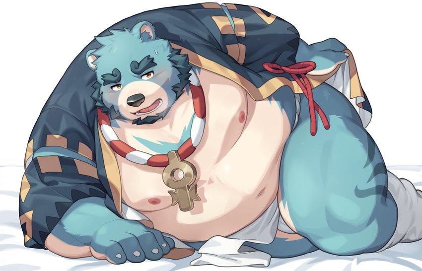 anthro asian_clothing belly big_belly black_nose blue_body blush clothing east_asian_clothing fundoshi japanese_clothing kemono male moobs navel nipples overweight overweight_male solo underwear white_clothing white_fundoshi white_underwear yed bonasiah full_attack sophring_jie bear mammal 2024 absurd_res hi_res