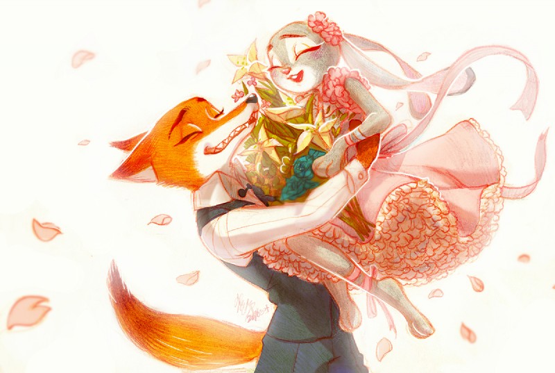 anthro bouquet buckteeth duo eyes_closed female flower fur grey_body grey_fur long_ears male open_mouth orange_body orange_fur plant simple_background size_difference smile teeth weketa disney zootopia judy_hopps nick_wilde canid canine fox lagomorph leporid mammal rabbit red_fox true_fox 2016 digital_media_(artwork)