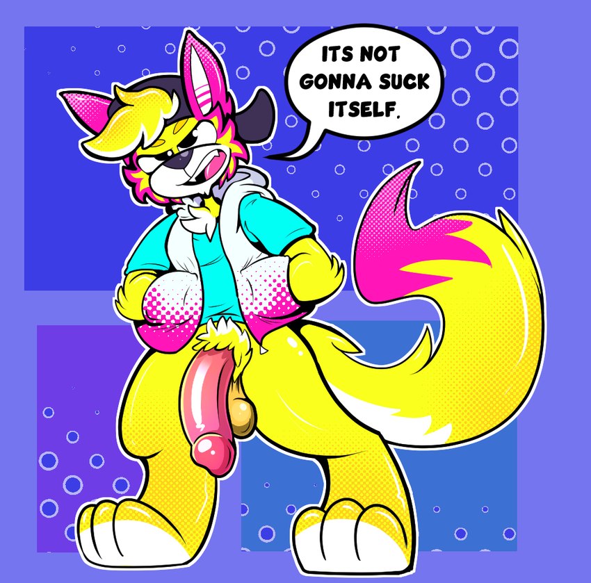 anthro balls big_feet bottomless bottomless_male clothed clothing digitigrade feet genitals glans hat headgear headwear humanoid_genitalia humanoid_penis male penis pubes saggy_balls solo speech_bubble text yellow_body johnnyjellyjaw jay_(fizzyjay) canid canine mammal english_text