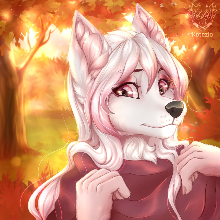 anthro autumn black_nose clothing detailed_background female fur hair leaf long_hair looking_at_viewer pink_eyes pink_hair plant solo tree white_body white_fur white_hair kotezio sakura_d._lyall canid canine canis fox hybrid mammal wolf 1:1 hi_res