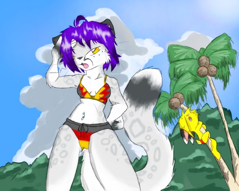 anthro bikini clothed clothing coconut drupe_(fruit) duo ear_piercing female food fruit leopard_spots male navel navel_piercing piercing plant solo_focus spots swimwear tail two-piece_swimsuit bae_bunny_(artist) bae_bunny mikomi felid lagomorph leopard leporid mammal pantherine rabbit snow_leopard 2007 5:4 digital_media_(artwork)