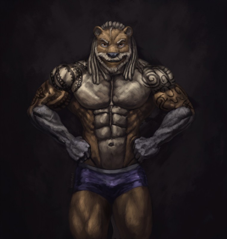 abs anthro athletic beard biceps big_muscles bulge dreadlocks facial_hair fur hair looking_at_viewer male muscular muscular_anthro muscular_arms muscular_legs muscular_male navel pecs solo tattoo wrestler valentinapaz maverick_gunshow mammal mustelid otter digital_media_(artwork) hi_res