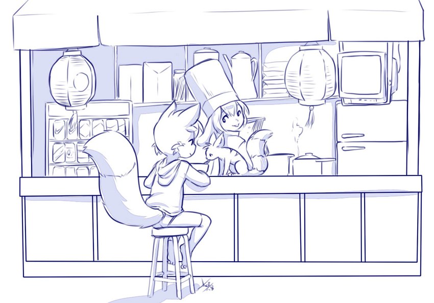 anthro bench briefs chef_hat clothed clothing detailed_background duo eating eating_food electronics female hat headgear headwear looking_at_animal male male/female on_bench restaurant sitting sitting_on_bench smile television underwear young aogami bovid caprine domestic_cat felid feline felis goat mammal 2018 signature