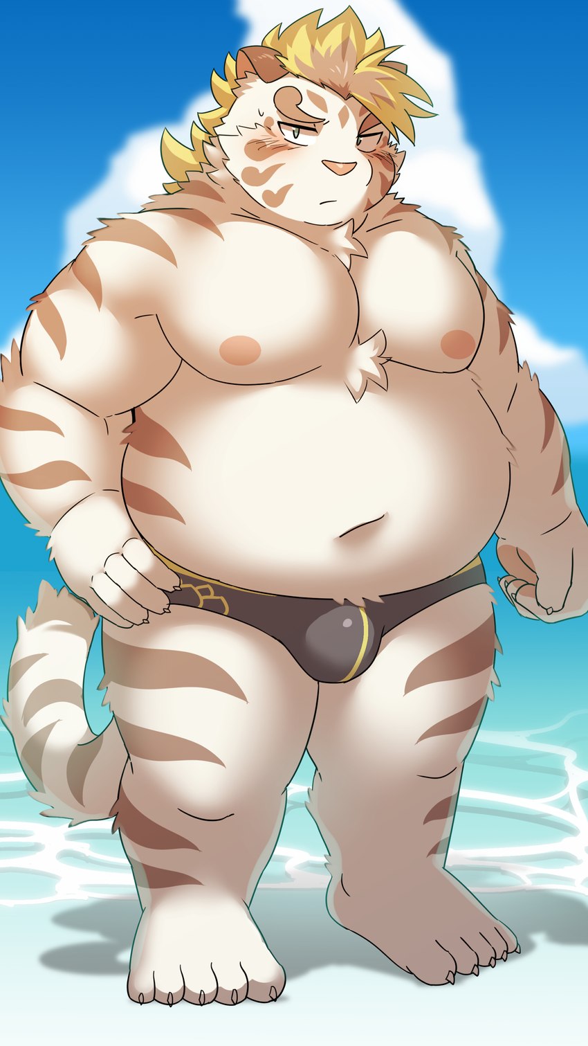 anthro beach belly big_belly bulge clothing cloud humanoid_hands kemono male moobs navel nipples outside overweight overweight_male seaside solo swimwear water white_body ptcmtr lifewonders tokyo_afterschool_summoners licho_(tas) felid mammal pantherine tiger 2022 9:16 absurd_res hi_res