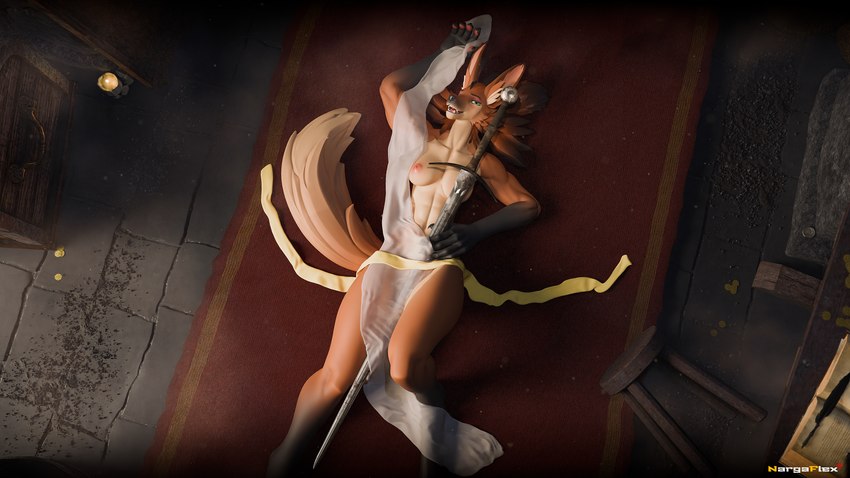 abs anthro areola biceps biped bird's-eye_view book breasts drape ears_up female fur furniture gloves_(marking) hand_on_hip high-angle_view leg_markings light looking_at_viewer lying markings melee_weapon muscular muscular_anthro muscular_female nipples on_back open_mouth open_smile orange_body orange_fur pecs pecs_with_breasts pose raised_arm ribbons rug showing_chest small_breasts smile smiling_at_viewer socks_(marking) solo stool sword tail tail_tuft text tuft weapon nargaflex dayumboai_(modeler) leodamodeler_(modeler) athena_(dayumboai) canid canine mammal maned_wolf 16:9 3d_(artwork) artist_name digital_media_(artwork) hi_res lighting shaded soft_shading wallpaper warm_colors widescreen