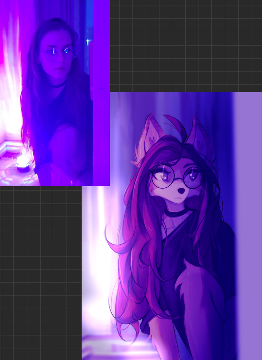 anthro biped brown_body brown_fur brown_hair choker clothed clothed_anthro clothed_female clothing countershade_fur countershade_torso countershading eyewear female front_view fur glasses hair inner_ear_fluff inside jewelry long_hair necklace photo_reference pose real real_picture shirt solo topwear tuft tinygaypirate cotton_(yshanii) canid canine canis dingo human mammal 2025 digital_drawing_(artwork) digital_media_(artwork) hi_res photography_(artwork) reference_image