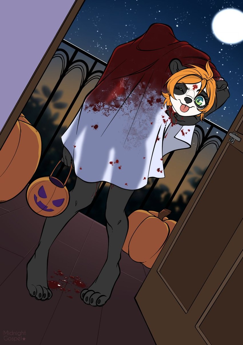 anthro blood bodily_fluids decapitation female gore holidays moon one_eye_closed severed_body_part severed_head sky solo star starry_sky tongue tongue_out wink midnightgospel halloween tia_(karmandel) bear giant_panda mammal hi_res