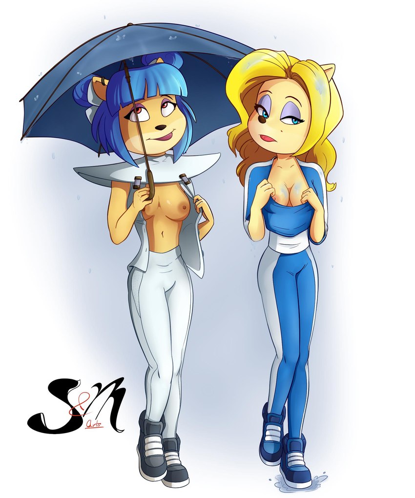 anthro bodysuit breasts cleavage clothed clothing duo female flashing flashing_breasts fur lipstick makeup nipples skinsuit small_breasts tight_clothing umbrella silverlarkafterdark activision crash_bandicoot_(series) crash_team_racing_(series) isabella_bandicoot megumi_bandicoot 5:6 hi_res