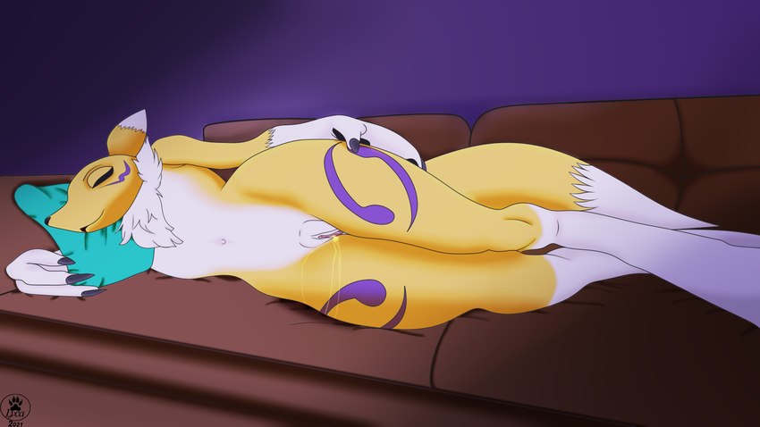 anthro bodily_fluids female furniture genital_fluids genitals markings nude peeing peeing_on_furniture pussy sleeping solo urine watersports yellow_body lycadio bandai_namco digimon digimon_(species) renamon 16:9 digital_media_(artwork) hi_res shaded widescreen