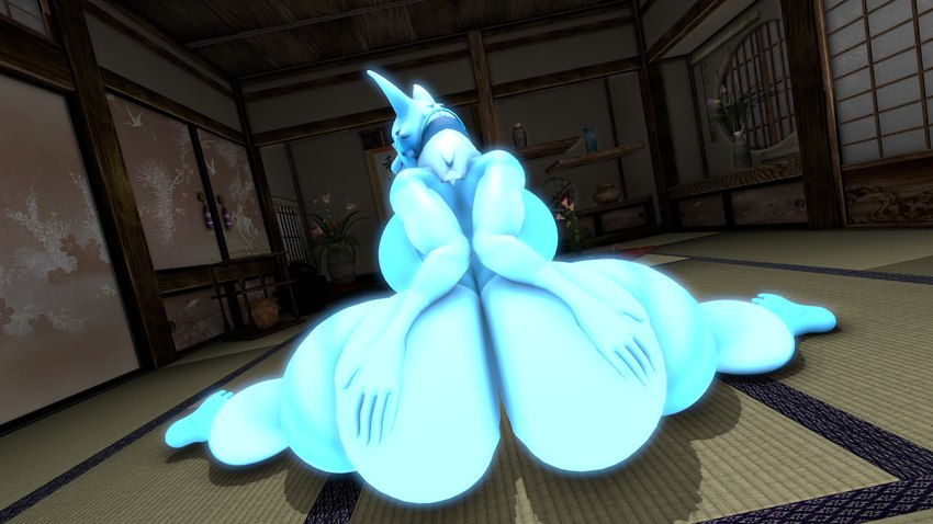 anthro big_breasts big_butt blue_body blue_fur breasts butt butt_grab curvy_figure female fur glowing glowing_body hand_on_butt japanese solo voluptuous ohdeerydeer kitsune_(overwatch) canid canine fox mammal spirit 16:9 3d_(artwork) digital_media_(artwork) hi_res source_filmmaker_(artwork) widescreen