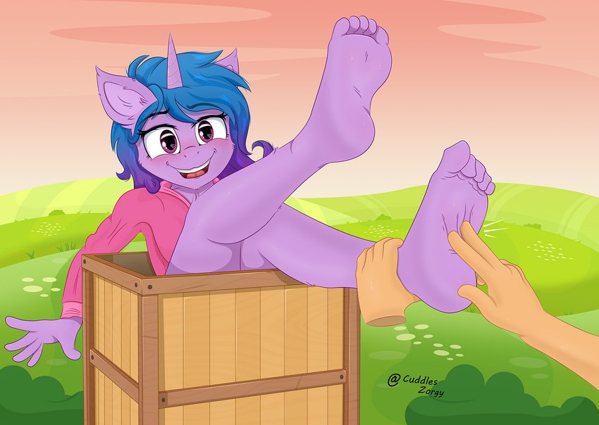 5_toes anthro barefoot blue_hair blush clothed clothing embarrassed feet female foot_fetish foot_focus hair horn humanoid_feet laugh outside plantigrade soles solo teasing tickle_fetish tickle_torture tickling tickling_feet toes zorgy friendship_is_magic hasbro mlp_g5 my_little_pony mythology izzy_moonbow_(mlp) equid equine mammal mythological_creature mythological_equine unicorn hi_res