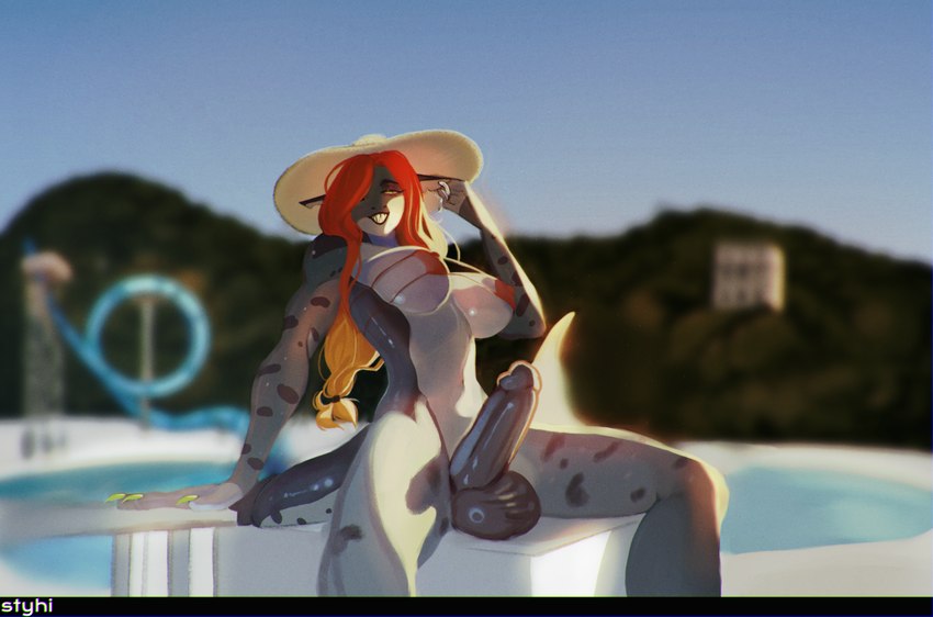 anthro breasts building canopianmerc clothing colored_nails genitals gynomorph hair hat headgear headwear house intersex mountain nails penis red_hair shark_teeth slide solo summer swimming_pool swimwear styhi fish marine shark hi_res