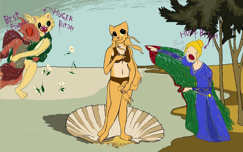 3_toes 4_fingers anthro bikini biped blonde_hair blue_clothing breasts brown_clothing brush clothing countershade_body countershade_fur countershade_torso countershading day detailed_background eyelashes feet female female_anthro female_human fingers flower fur gesture gold_trim green_body green_clothing green_scales group hair hand_gesture happy holding_brush holding_object holding_paintbrush humanoid_feet humanoid_hands lipstick long_hair long_tail makeup multicolored_body multicolored_fur navel no_shading open_mouth outside paint paintbrush pink_lipstick pink_nose plant plantigrade pointing pointing_at_another profanity pupils purple_paint purple_text red_body red_sclera scales small_nose smile standing swimwear tail text toes tree two-piece_swimsuit water white_body white_skin yellow_body yellow_fur yellow_sclera yellow_tail skeletronic bethesda_game_studios birth_of_venus microsoft oblivion prequel_adventure the_elder_scrolls katia_managan quill-weave rajirra sigrid_(oblivion) argonian felid human khajiit mammal scalie colored digital_drawing_(artwork) digital_media_(artwork) english_text flat_colors hi_res inspired_by_formal_art