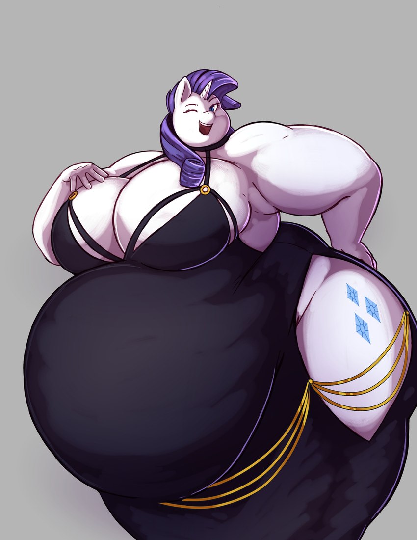 anthro anthrofied belly big_belly big_breasts big_butt black_clothing black_dress blue_eyes breasts butt chubby_cheeks cleavage clothed clothing cutie_mark dress fat_arms female grey_background hair hand_on_hip horn huge_belly huge_breasts huge_butt hyper hyper_belly morbidly_obese morbidly_obese_anthro morbidly_obese_female obese obese_anthro obese_female one_eye_closed open_mouth open_smile overweight overweight_anthro overweight_female purple_hair simple_background smile solo standing white_body white_horn wink chubchubbyart friendship_is_magic hasbro my_little_pony mythology rarity_(mlp) equid equine mammal mythological_creature mythological_equine unicorn 2025 absurd_res digital_media_(artwork) hi_res