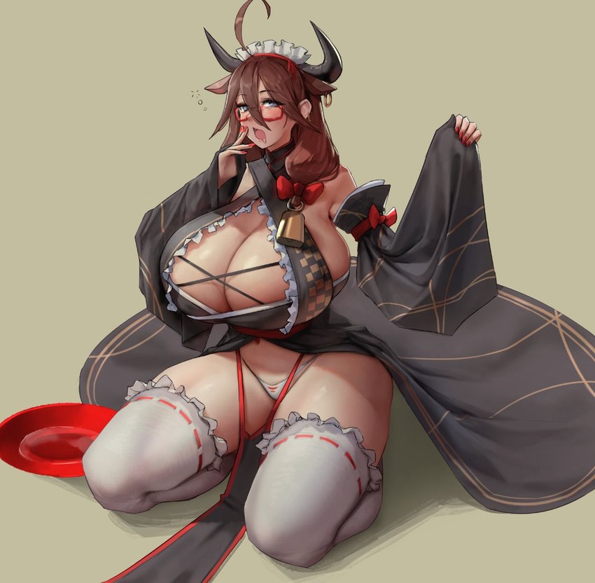 big_breasts blue_eyes breasts brown_hair cleavage clothed clothing female hair horn huge_breasts kneeling legwear long_hair looking_at_viewer panties simple_background solo thick_thighs thigh_highs underwear wide_hips eu03 humanoid digital_media_(artwork) shaded