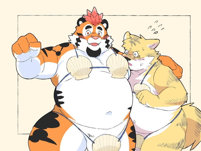 anthro balls belly big_belly blush duo genitals hug kemono male male/male navel orange_body overweight overweight_male simple_background inunoshippo vtuber felid mammal pantherine tiger 2024 4:3 hi_res