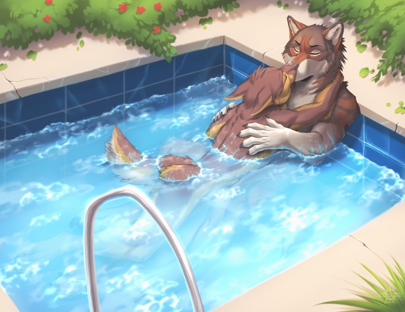 5_fingers anthro black_claws brown_body brown_fur claws countershading day detailed_background duo eyes_closed fingers fur kissing male male/male nude outside partially_submerged swimming_pool kero_tzuki hero_(anoxias) storm_shepherd canid canine canis domestic_dog german_shepherd herding_dog mammal pastoral_dog wolf 2018 digital_media_(artwork)