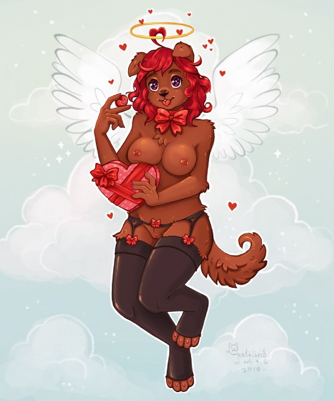 breasts clothing cloud female heart_symbol holidays legwear nipples sky solo stockings katilina_(artist) valentine's_day angel canid canine canis domestic_dog mammal hi_res