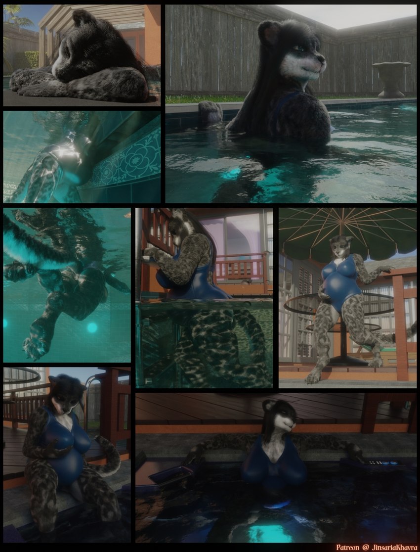 anthro beating_the_heat beverage biped blockage_(layout) clothing egg eight_frame_image female fluffy growth horizontal_blockage horizontal_staggering hot_tub outside partially_submerged patio patio_table poolside pregnant soda solo staggering_(layout) swimming_pool tight_clothing underwater vertical_blockage vertical_staggering water waterline_view aeva_risis jinsariakhavra jushara_(character) felid mammal pantherine snow_leopard 3d_(artwork) blender_(artwork) comic digital_media_(artwork) hi_res story story_in_description