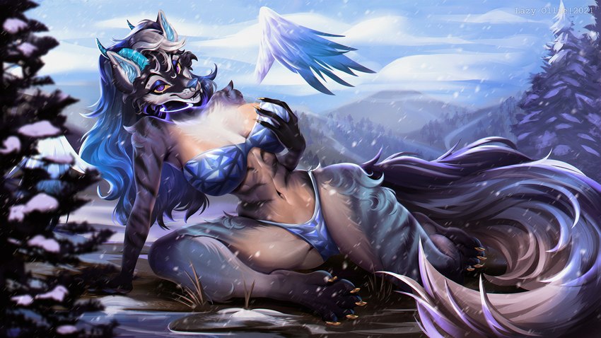 anthro bikini breasts clothing ear_piercing eyebrow_piercing facial_piercing female holding_breast industrial_piercing nose_piercing outside piercing plant septum_piercing snow snowing solo swimwear tree two-piece_swimsuit wide_hips lazyollie ressia_(renikki) canid canine mammal 16:9 2021 hi_res widescreen