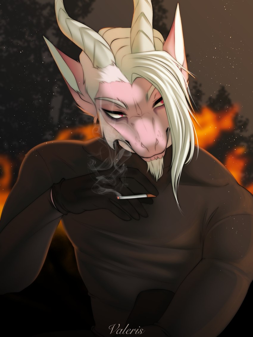 anthro beard black_clothing black_gloves black_handwear clothing facial_hair forest forest_background fur gloves handwear horn male nature nature_background pink_body pink_eyes plant smoke smoking solo sweater topwear tree turtleneck valeris mythology alen_(saren662) dragon furred_dragon furred_scalie mythological_creature mythological_scalie scalie 3:4 absurd_res hi_res