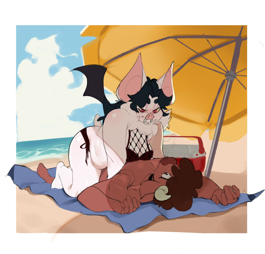 alternative_fashion anthro back_wings beach bedroom_eyes bikini black_hair breasts brown_body brown_fur brown_hair cleavage clothed clothing curly_hair curved_horn duo fangs female fur goth hair half-closed_eyes horn male membrane_(anatomy) membranous_wings narrowed_eyes neck_tuft seductive slightly_chubby slightly_chubby_anthro slightly_chubby_female straddling swimwear teeth tuft two-piece_swimsuit white_body white_fur wings zeo_(artist) bat bovid bovine cattle mammal absurd_res hi_res