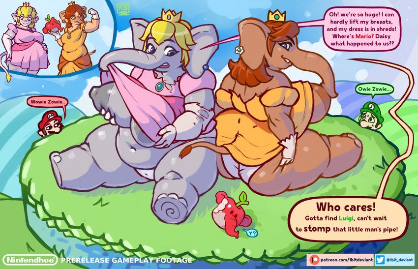 anthro big_breasts big_butt breasts butt duo elephant_fruit female food fraternal_twins fruit huge_breasts overweight plant power-up text transformation weight_gain 1bit-deviant mario_bros nintendo super_mario_bros_wonder elephant_daisy elephant_peach luigi mario princess_daisy princess_peach elephant elephantid human mammal proboscidean absurd_res english_text hi_res url brother_(lore) brothers_(lore) sibling_(lore) twins_(lore)