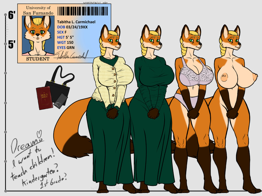 anthro big_breasts braided_hair braided_ponytail breasts college_student curvy_figure female gloves_(marking) hair leg_markings markings ponytail simple_background socks_(marking) solo wsad_(artist) tabitha_(wsad) canid canine fox mammal model_sheet