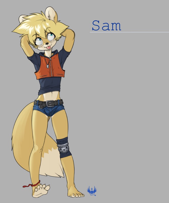 5_toes anthro black_clothing blonde_eyebrows blonde_hair blue_bottomwear blue_clothing blue_shorts bottomwear clothed clothing countershading crotch_lines eyebrows feet fur grey_background hair hands_behind_head hoodie jewelry male multicolored_body multicolored_fur navel necklace orange_clothing shorts simple_background skimpy solo tail tan_body tan_fur tan_tail teal_eyes toes tongue tongue_out topwear two_tone_body two_tone_fur two_tone_tail young young_anthro eldiman sam_(samwiding) canid canine fox mammal swift_fox true_fox 5:6 absurd_res digital_media_(artwork) hi_res