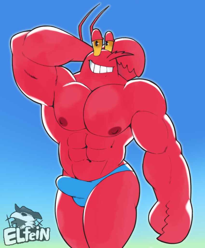 anthro blue_background blue_clothing blue_speedo blue_swimwear bulge clothed clothing erection erection_under_clothing grin male muscular muscular_male nipples simple_background smile solo speedo swimwear topless topless_male elfein nickelodeon spongebob_squarepants larry_the_lobster arthropod crustacean decapoda lobster malacostracan marine hi_res