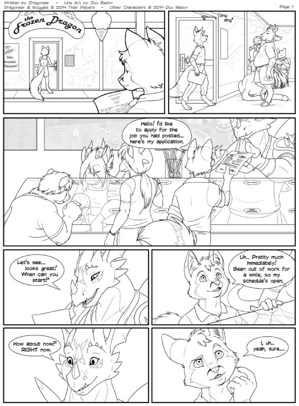 anthro barefoot clothed clothing dessert dialogue feet female food group horn ice_cream inside male outside speech_bubble spikes tail text duo_radon bandai_namco digimon fakemon mythology dragoneer_(character) fan_character bovid bovine canid canine dragon felid mammal murasadramon mythological_creature mythological_scalie scalie 2014 comic english_text hi_res monochrome