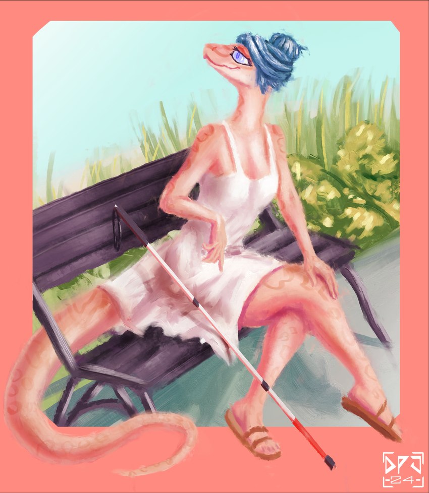 anthro bench blind blue_hair bottomwear clothing disability dress female footwear hair pink_body sandals shoes sitting skirt solo white_cane white_clothing white_dress dirtypaperjoe colubrid corn_snake lampropeltini rat_snake reptile scalie snake 2024 absurd_res digital_media_(artwork) digital_painting_(artwork) hi_res