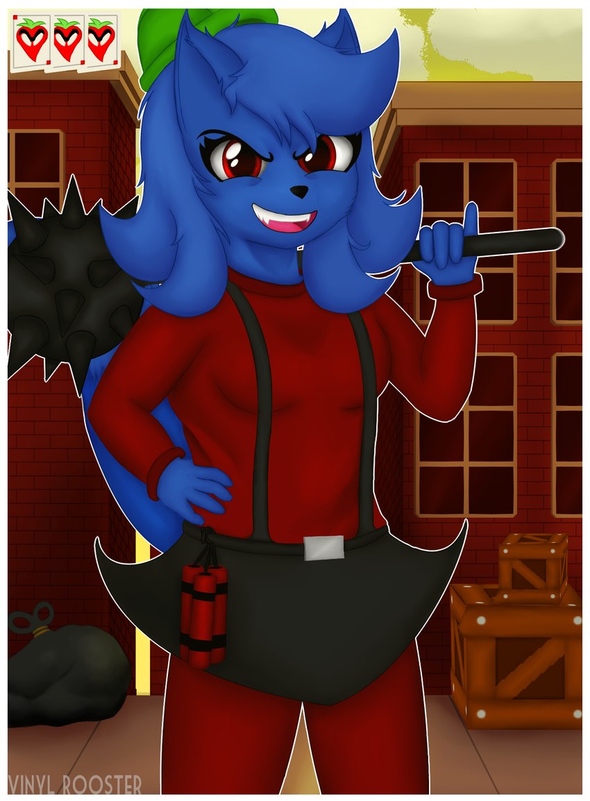 anthro black_nose blue_body blue_fur border cosplay detailed_background female fur mace melee_weapon raised_tail red_eyes smile smiling_at_viewer solo tail weapon white_border vinylrooster antonblast summitsphere alice_(vinylr) canid canine canis mammal wolf hi_res