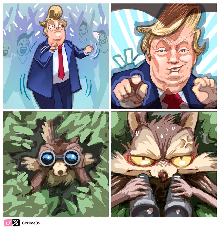 annoyed anthro binoculars blonde_hair blue_eyes bodily_fluids bottomwear brown_body brown_fur clothing crowd dancing discovered frown fur gesture grass group hair hand_gesture happy hiding humor male necktie overweight overweight_male pants plant pointing politics shirt shrub smile smirk spying standing suit sweat topwear white_body yellow_eyes gprime85 looney_tunes warner_brothers donald_trump wile_e._coyote canid canine canis coyote human mammal comic hi_res lol_comments