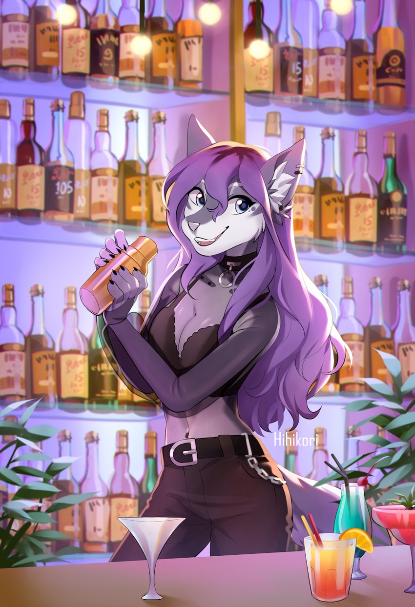 5_fingers anthro blue_eyes breasts clothed clothing female fingers hair inner_ear_fluff navel open_mouth purple_hair smile teeth tongue tuft hihikori canid canine mammal 2022 digital_media_(artwork) hi_res