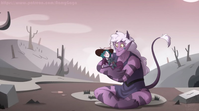 clothed clothing duo hug not_furry outside smile text namygaga disney patreon star_vs._the_forces_of_evil eclipsa_butterfly meteora_butterfly demon humanoid hybrid mewman monster english_text redraw url