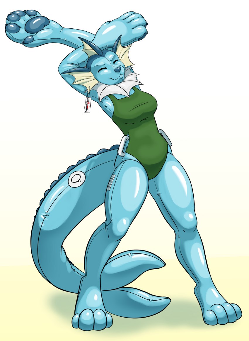 after_transformation anthro big_hands blue_body breasts clothing digitigrade ear_piercing ear_tag eyes_closed female handle huge_hands inflatable nozzle one-piece_swimsuit pawpads piercing simple_background smile solo standing stretching swimwear oter nintendo pokemon animate_inanimate eeveelution generation_1_pokemon living_inflatable pokemon_(species) vaporeon 2019 digital_media_(artwork) hi_res