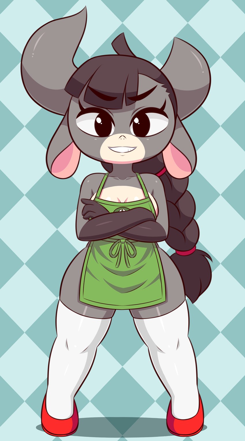 anthro apron clothed clothing female fur hair legwear solo stockings thick_thighs wide_hips huitu_c starbucks xingzuo_temple xingyun_(diives) bovid bovine cattle mammal absurd_res hi_res