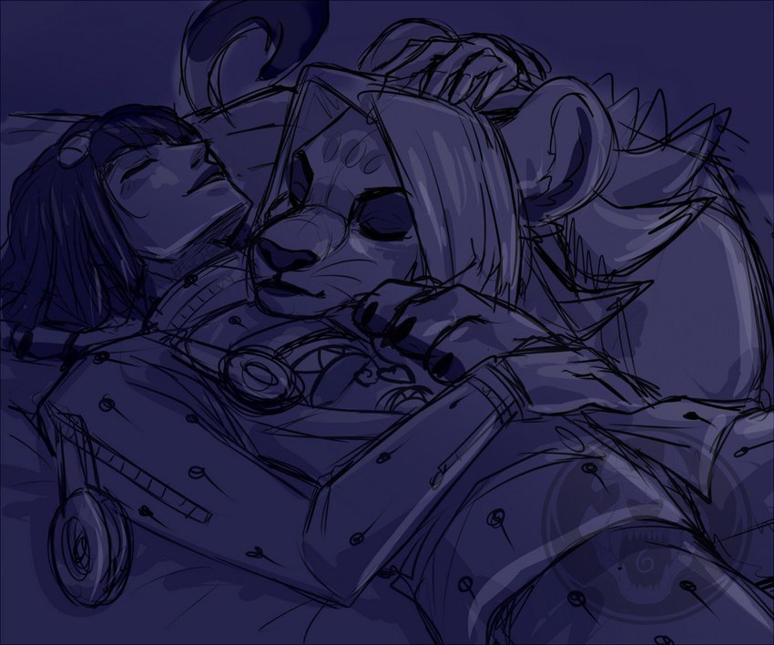 alternate_species claws duo eyes_closed eyeshadow feral furrification makeup male sleeping bluezeru jojo's_bizarre_adventure bruno_bucciarati leone_abbacchio felid human lion mammal pantherine