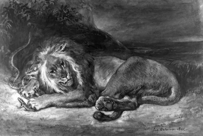 ambiguous_gender claws duo feral fur grabbing lying male mane nude open_mouth pawpads paws plant quadruped solo_focus tail tail_tuft trapped tuft eugene_delacroix license_info public_domain felid lion mammal pantherine reptile scalie snake 1846 19th_century ancient_art formal_art greyscale hi_res monochrome painting_(artwork) traditional_media_(artwork) watercolor_(artwork)