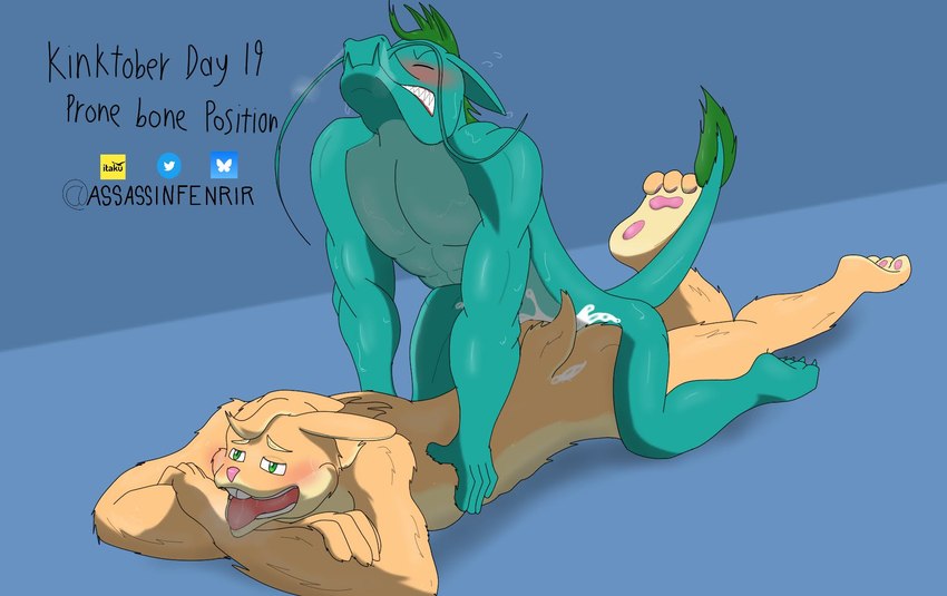 abs anal anthro blue_body blush bodily_fluids clenched_teeth cum cum_in_ass cum_inside duo from_behind_position fur genital_fluids green_eyes looking_pleasured male male/male multicolored_body multicolored_fur muscular muscular_anthro muscular_male pawpads pecs pink_nose pink_pawpads prone_bone_position sex simple_background smoke smoke_from_nose sweat sweatdrop tail tan_body tan_fur teeth tongue tongue_out two_tone_body two_tone_fur assassinfenrir kinktober mythology drasheen_hoimura dragon eastern_dragon lagomorph leporid mammal mythological_creature mythological_scalie rabbit scalie colored digital_media_(artwork) hi_res shaded