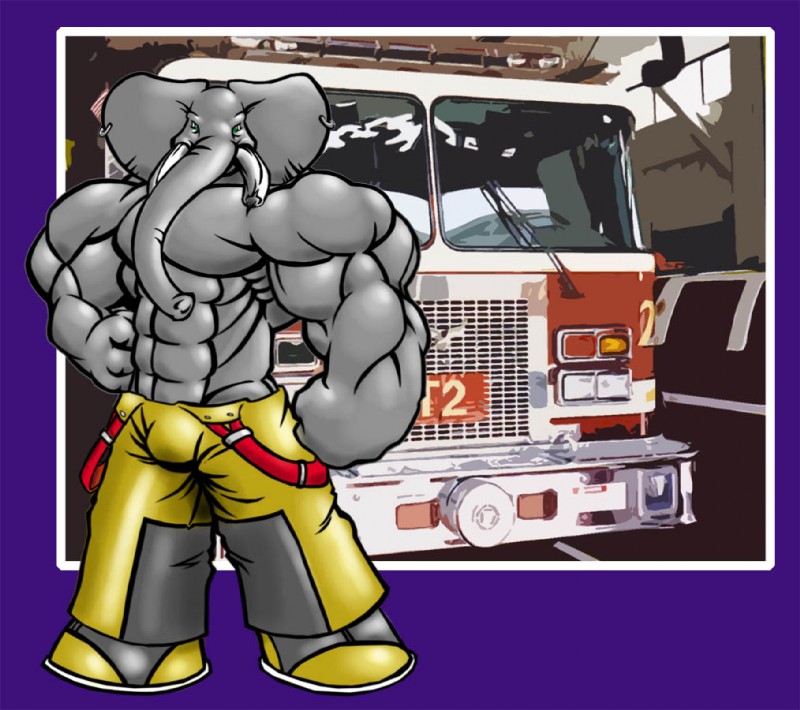 anthro biped blunted_horn bulge clothed clothing ear_piercing fire_engine firefighter green_eyes horn looking_at_viewer male muscular muscular_anthro muscular_male piercing solo standing truck_(vehicle) trunk turnout_gear tusks vehicle tkc2021 elephant elephantid mammal proboscidean