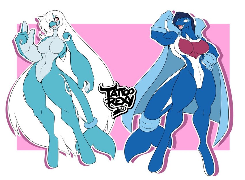 4_fingers anthro blue_body blue_hair breasts cape clothing duo female fingers gloves hair handwear muscular red_eyes simple_background tail white_eyes white_hair tattoorexy nintendo pokemon finizen generation_9_pokemon palafin palafin_(hero_form) pokemon_(species)